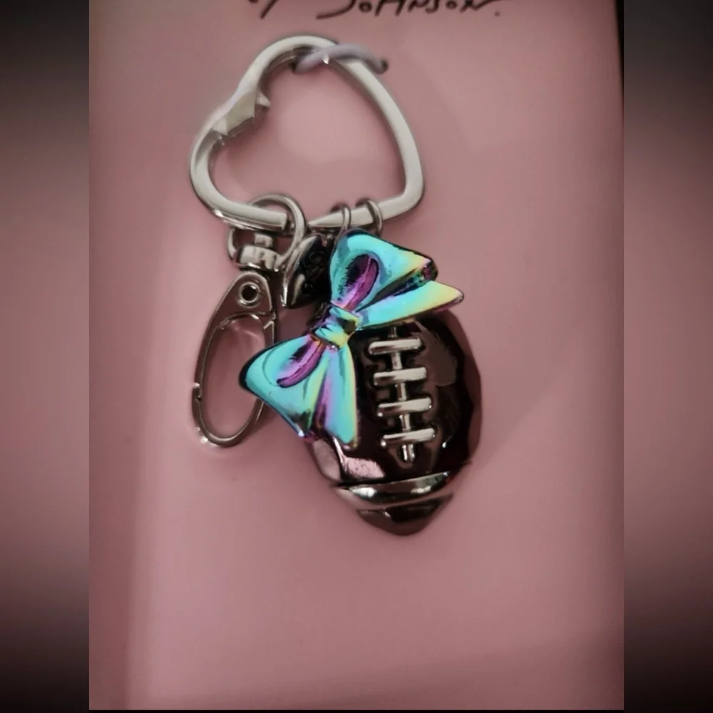 BETSEY JOHNSON Shiny Metallic Football with Pink Bow Bag Charm Keychain NEW NWT